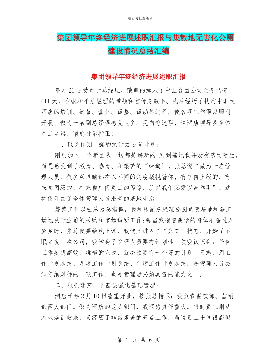 集团领导年终经济发展述职汇报与集散地无害化公厕建设情况总结汇编_第1页