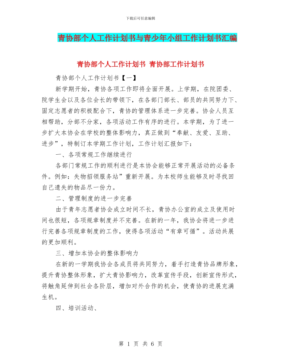 青协部个人工作计划书与青少年小组工作计划书汇编_第1页