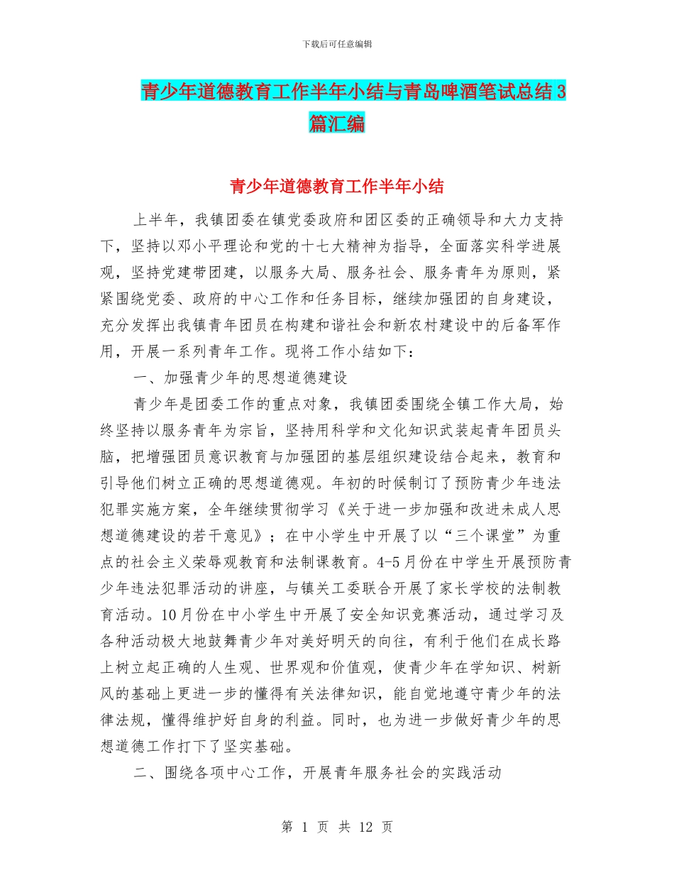 青少年道德教育工作半年小结与青岛啤酒笔试总结3篇汇编_第1页