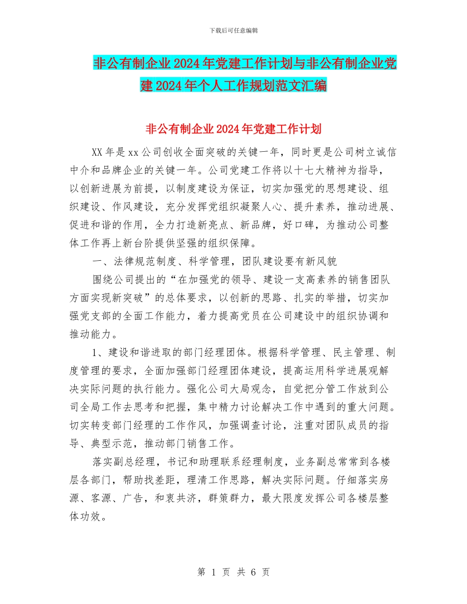 非公有制企业2024年党建工作计划与非公有制企业党建2024年个人工作规划范文汇编_第1页