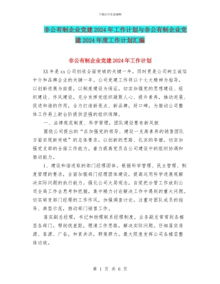 非公有制企业党建2024年工作计划与非公有制企业党建2024年度工作计划汇编