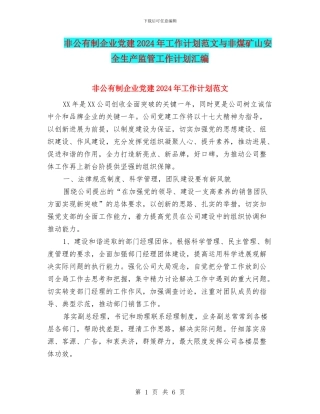 非公有制企业党建2024年工作计划范文与非煤矿山安全生产监管工作计划汇编