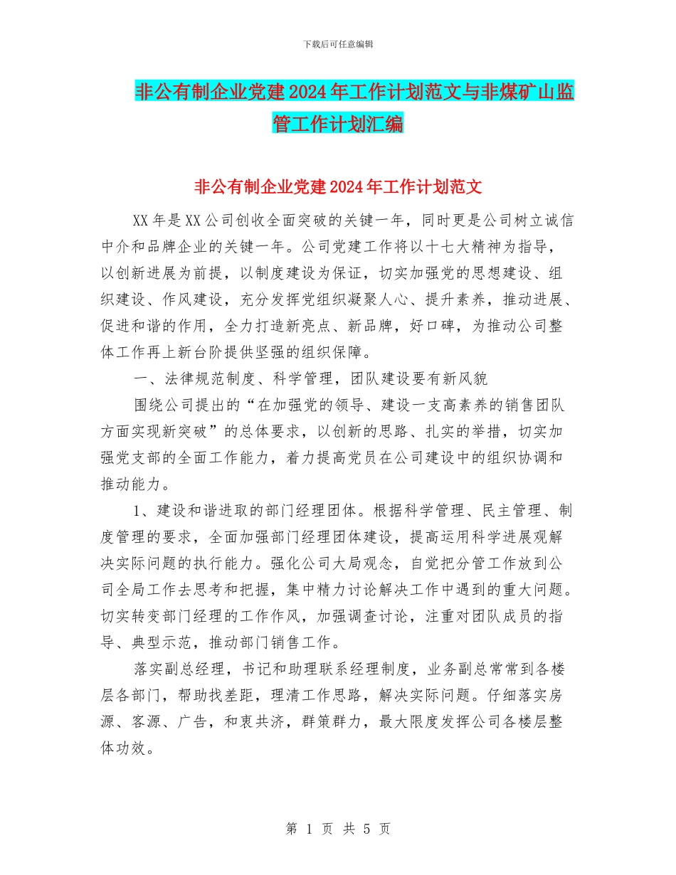 非公有制企业党建2024年工作计划范文与非煤矿山监管工作计划汇编_第1页