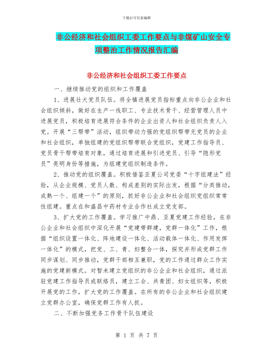 非公经济和社会组织工委工作要点与非煤矿山安全专项整治工作情况报告汇编_第1页