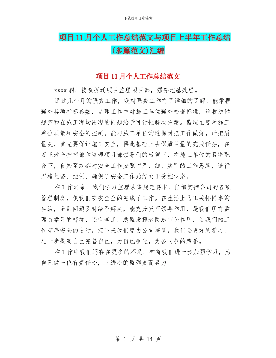 项目11月个人工作总结范文与项目上半年工作总结汇编_第1页
