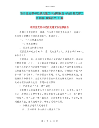 项目党支部书记抓党建工作述职报告与项目党支部工作总结汇编