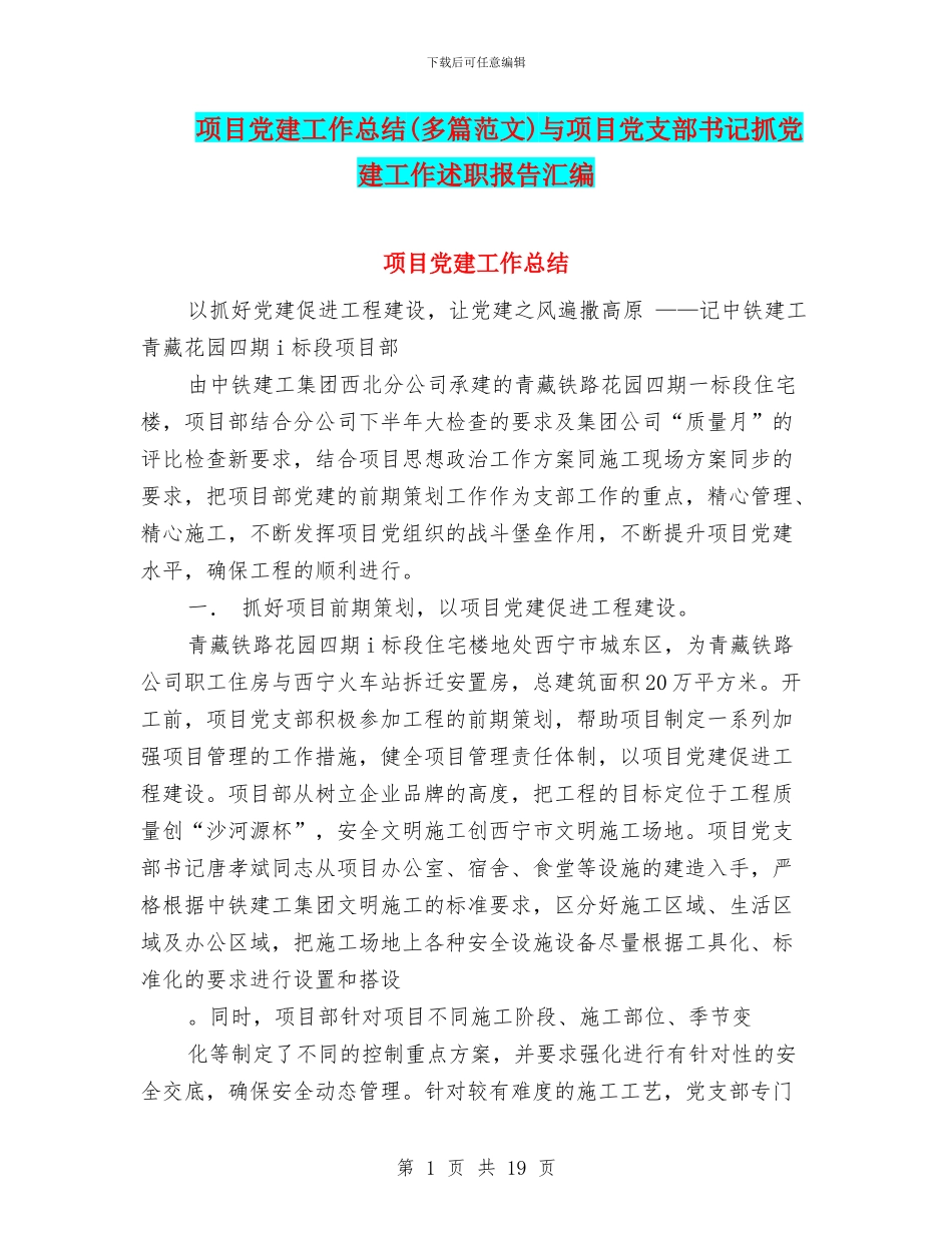 项目党建工作总结与项目党支部书记抓党建工作述职报告汇编_第1页