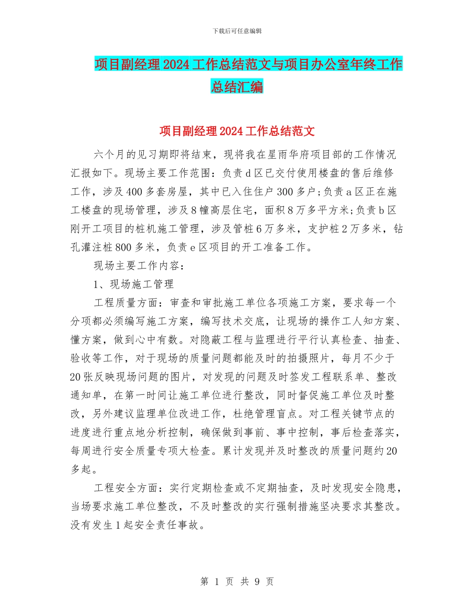 项目副经理2024工作总结范文与项目办公室年终工作总结汇编_第1页