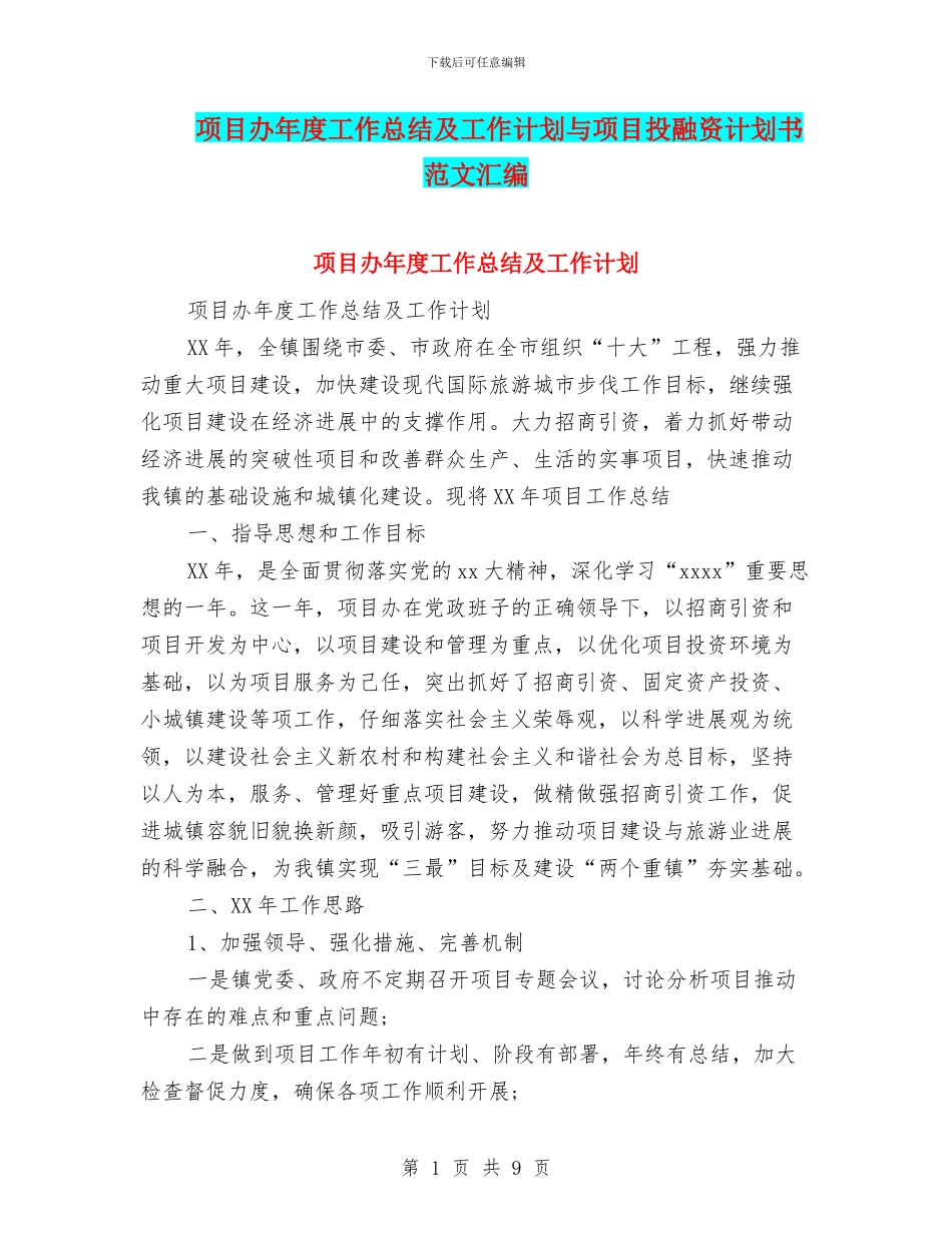 项目办年度工作总结及工作计划与项目投融资计划书范文汇编_第1页