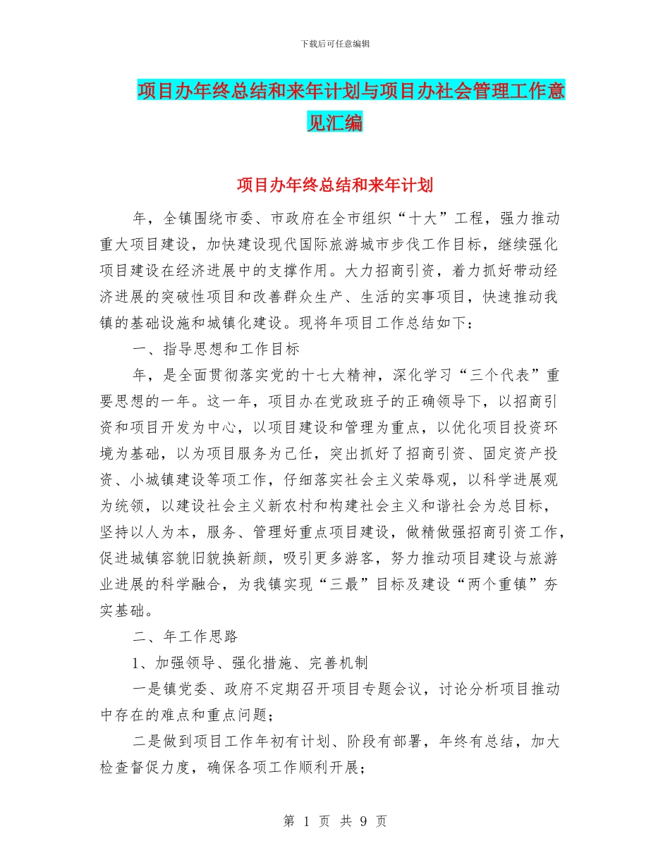 项目办年终总结和来年计划与项目办社会管理工作意见汇编_第1页