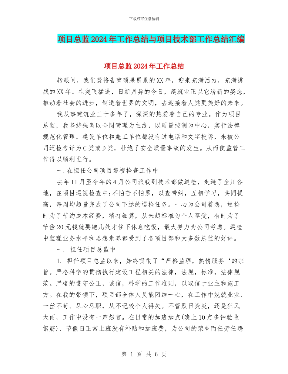 项目总监2024年工作总结与项目技术部工作总结汇编_第1页