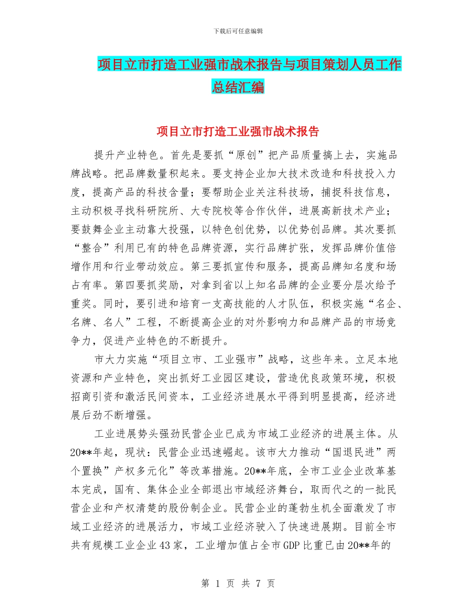 项目立市打造工业强市战术报告与项目策划人员工作总结汇编_第1页