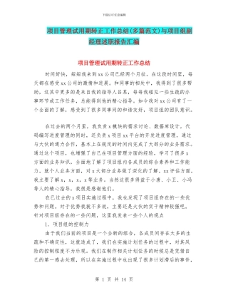 项目管理试用期转正工作总结与项目组副经理述职报告汇编