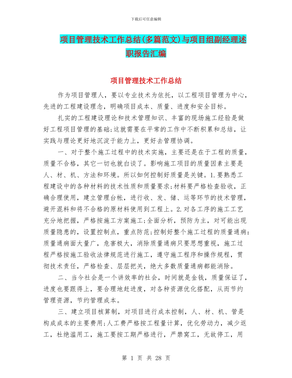 项目管理技术工作总结与项目组副经理述职报告汇编_第1页