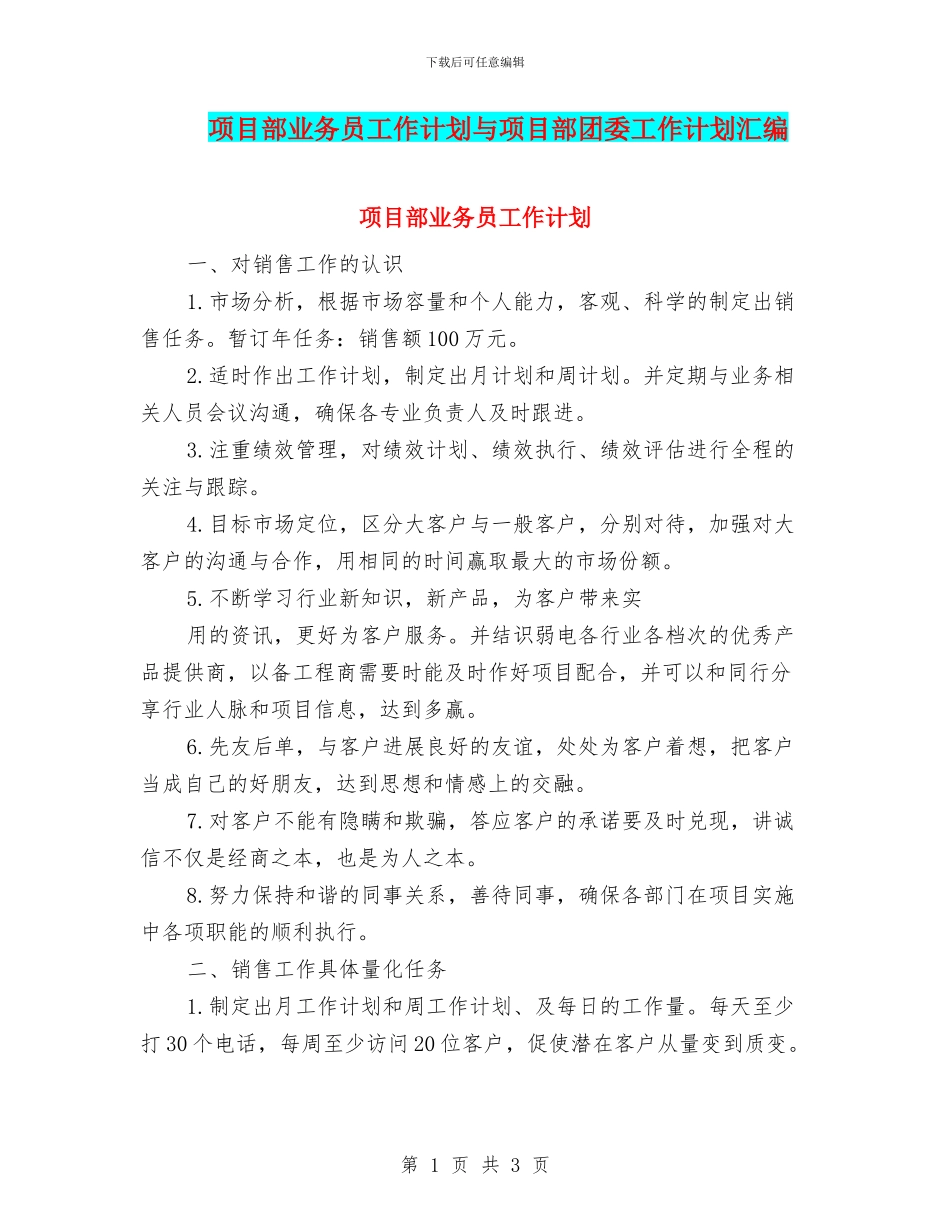 项目部业务员工作计划与项目部团委工作计划汇编_第1页