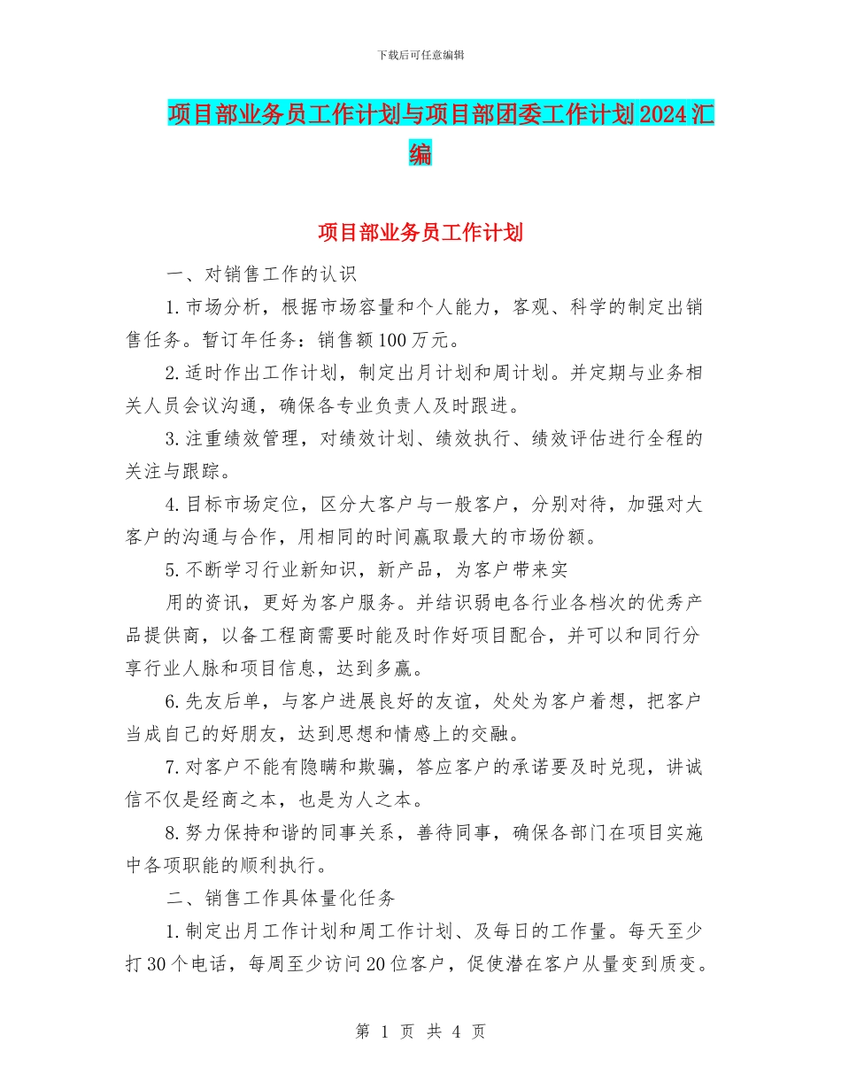 项目部业务员工作计划与项目部团委工作计划2024汇编_第1页