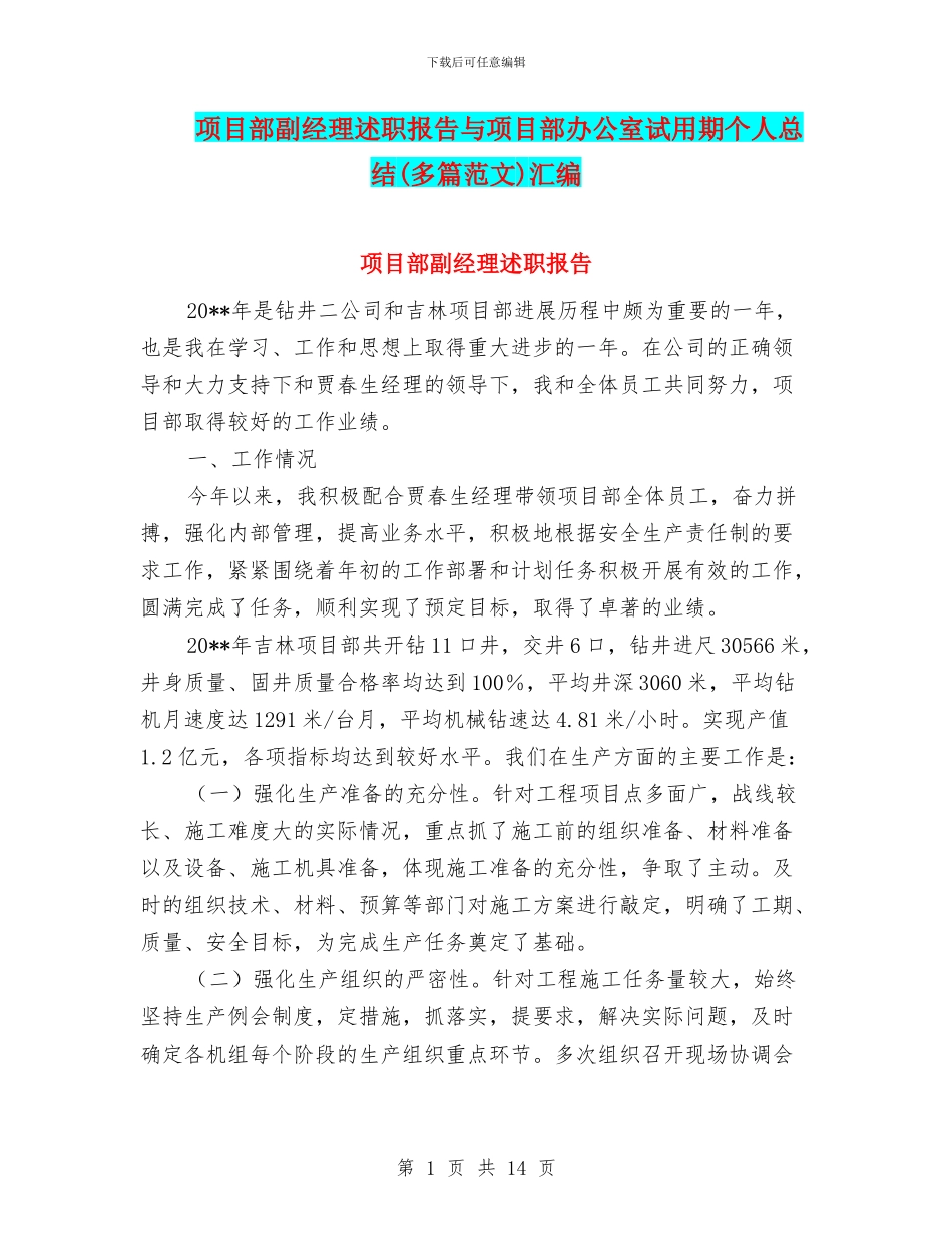 项目部副经理述职报告与项目部办公室试用期个人总结汇编_第1页