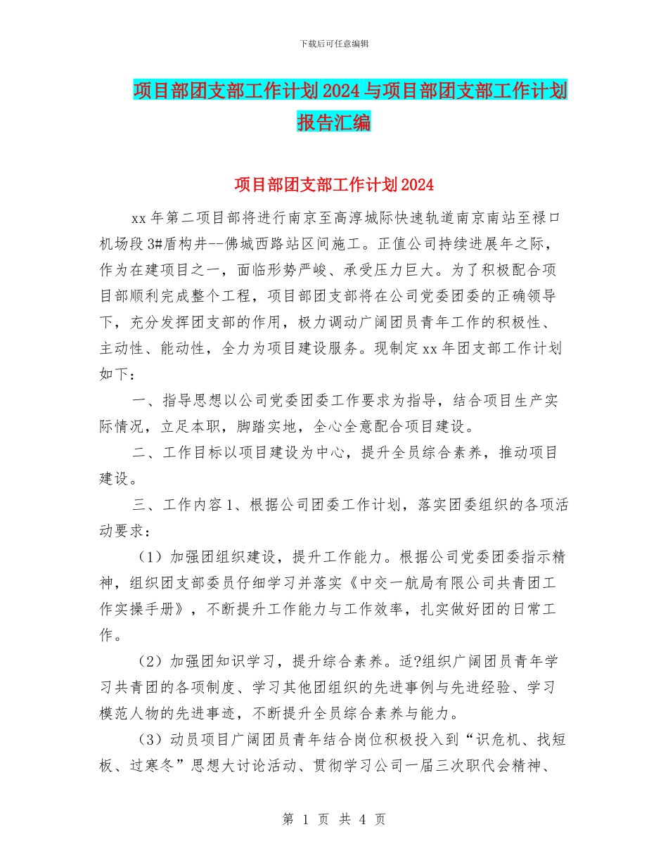 项目部团支部工作计划2024与项目部团支部工作计划报告汇编_第1页