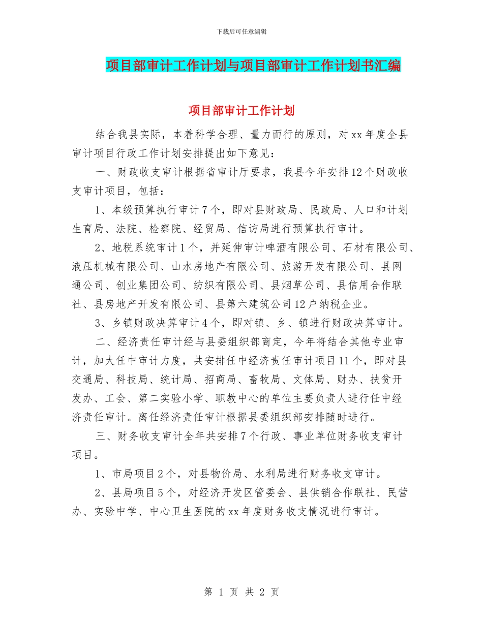 项目部审计工作计划与项目部审计工作计划书汇编_第1页