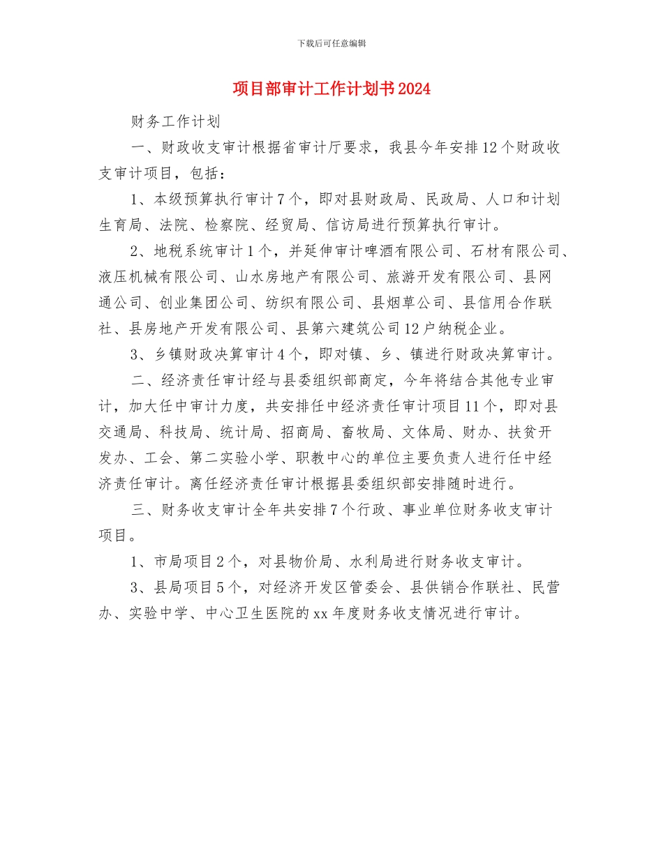 项目部审计工作计划与项目部审计工作计划书2024汇编_第2页