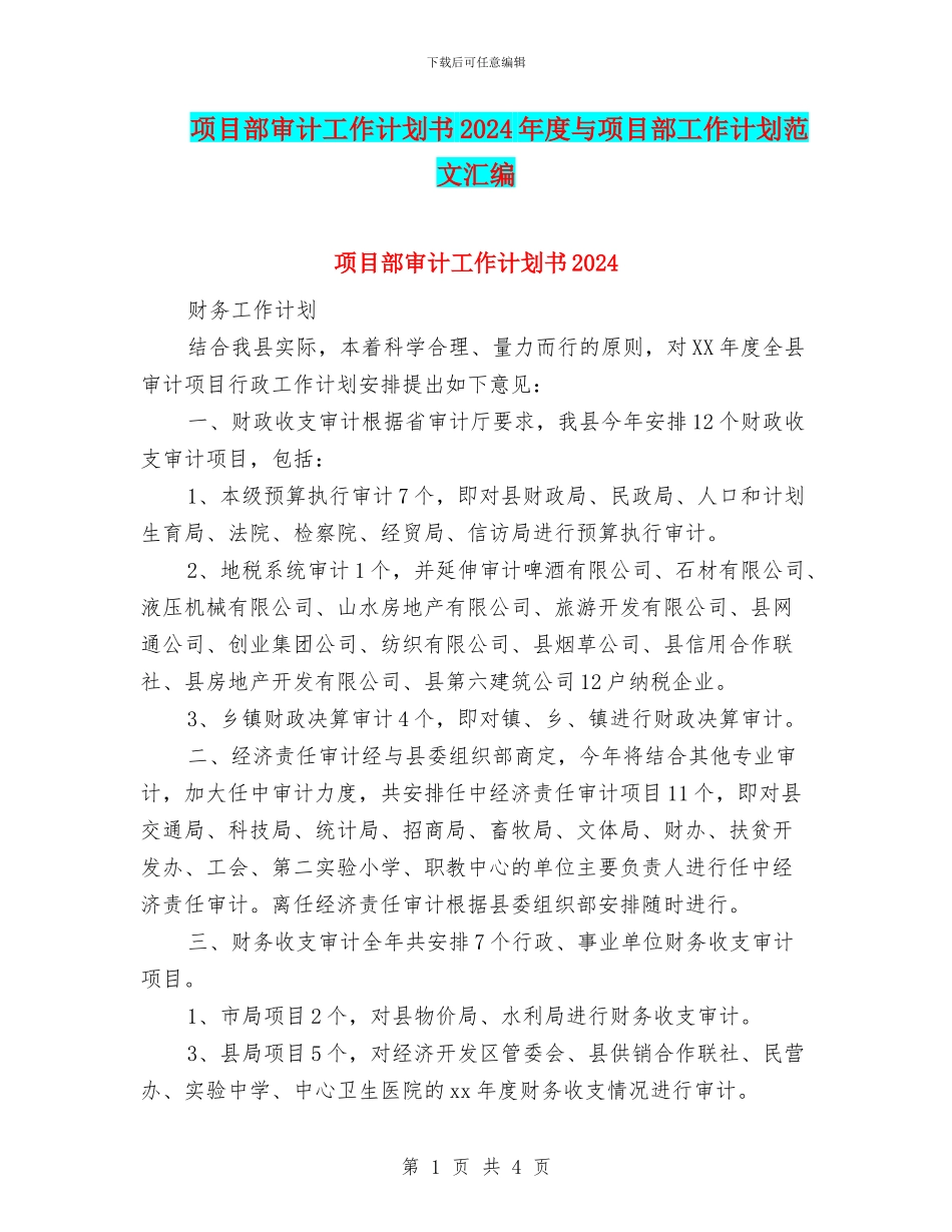 项目部审计工作计划书2024年度与项目部工作计划范文汇编_第1页
