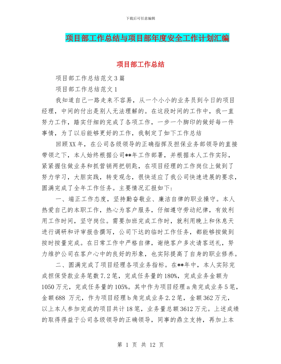 项目部工作总结与项目部年度安全工作计划汇编_第1页
