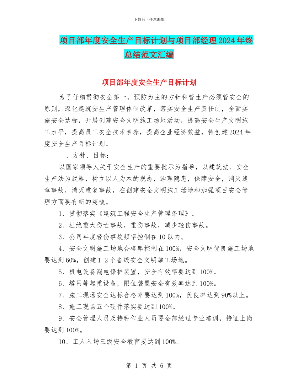 项目部年度安全生产目标计划与项目部经理2024年终总结范文汇编_第1页