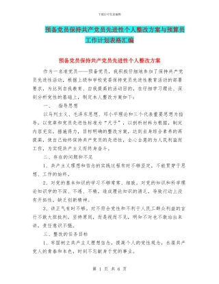 预备党员保持共产党员先进性个人整改方案与预算员工作计划表格汇编