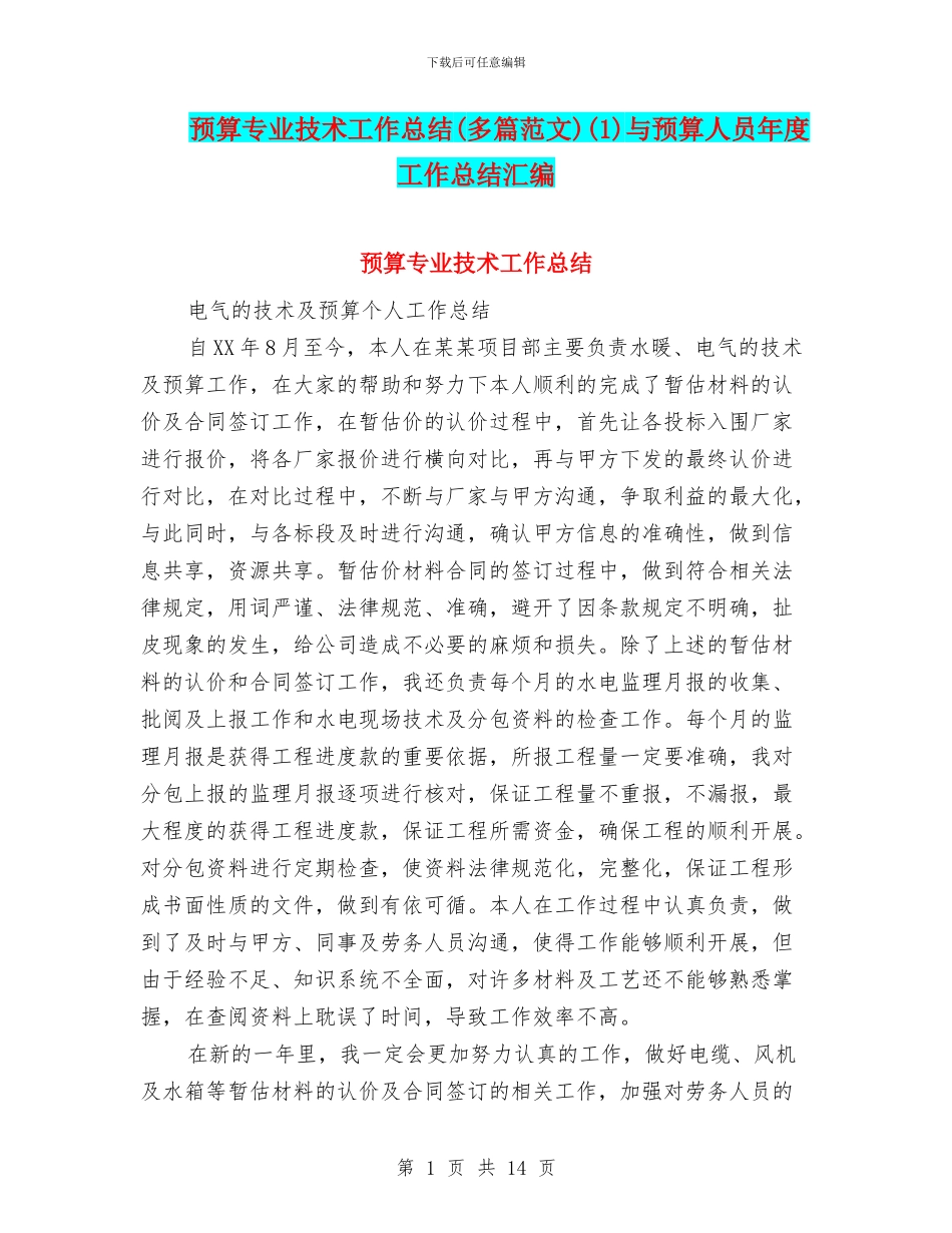 预算专业技术工作总结(1)与预算人员年度工作总结汇编_第1页