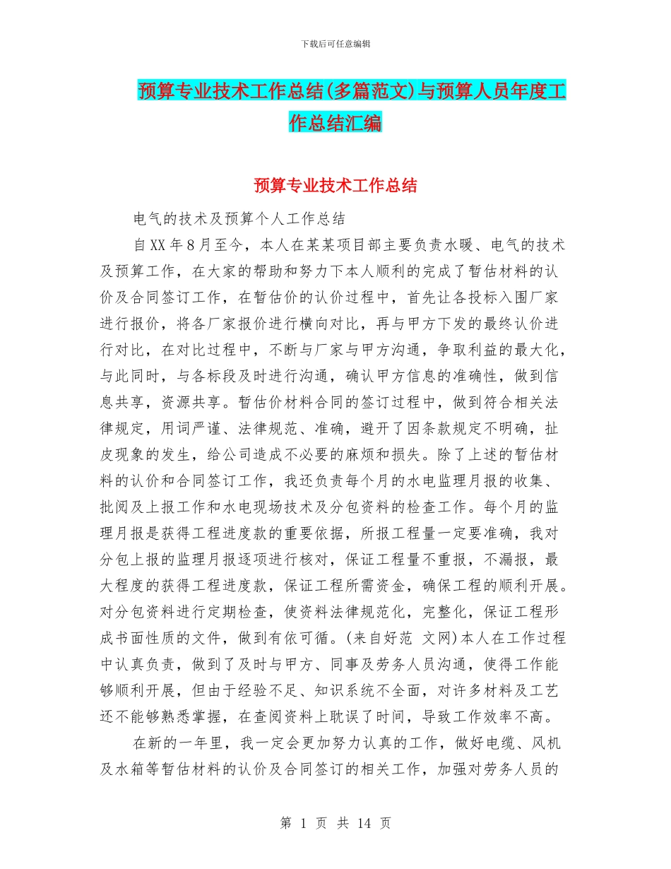 预算专业技术工作总结与预算人员年度工作总结汇编_第1页