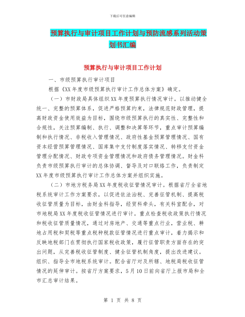 预算执行与审计项目工作计划与预防流感系列活动策划书汇编_第1页