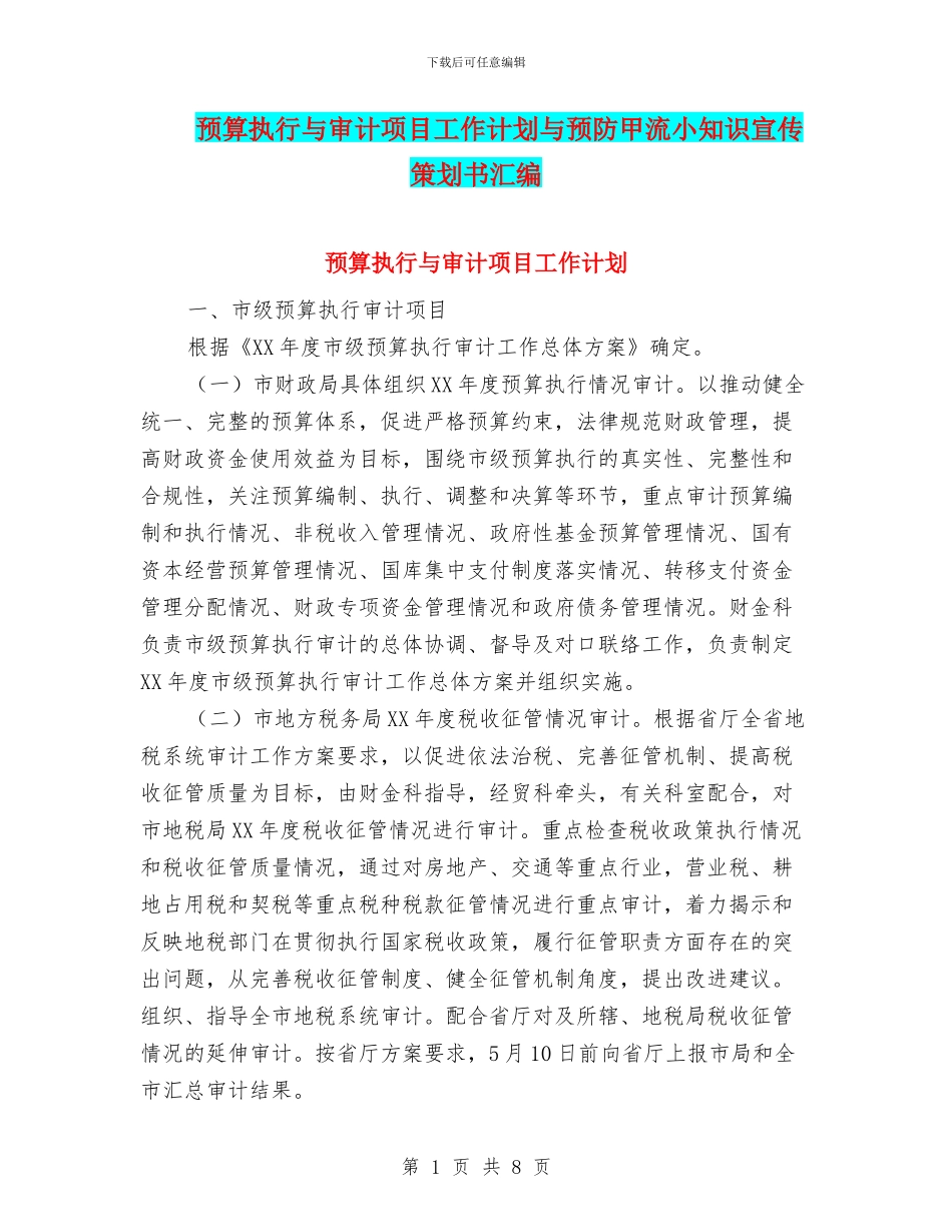 预算执行与审计项目工作计划与预防甲流小知识宣传策划书汇编_第1页