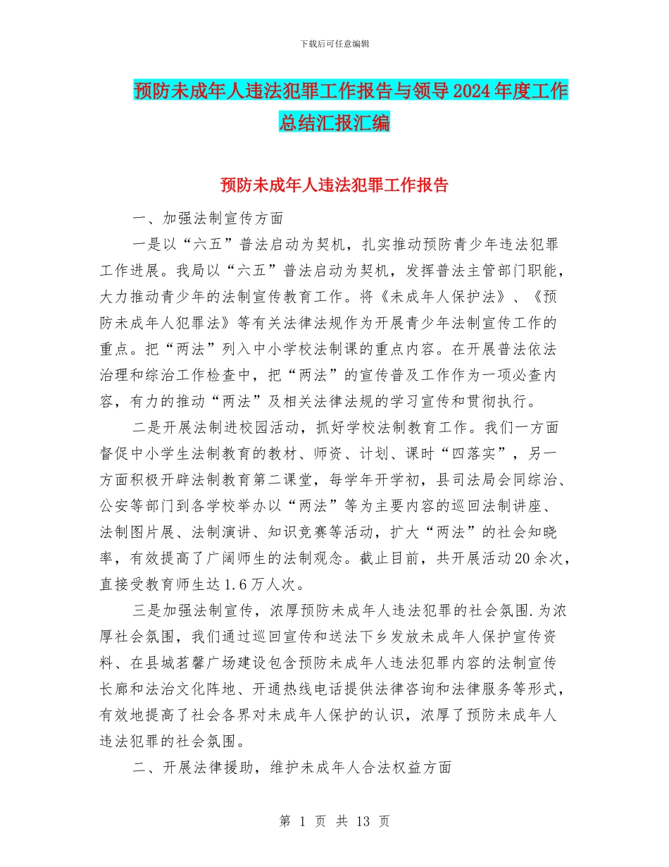 预防未成年人违法犯罪工作报告与领导2024年度工作总结汇报汇编_第1页