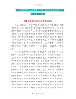 领导在全市农业产业化视察会发言与领导在全市商务动员会讲话汇编