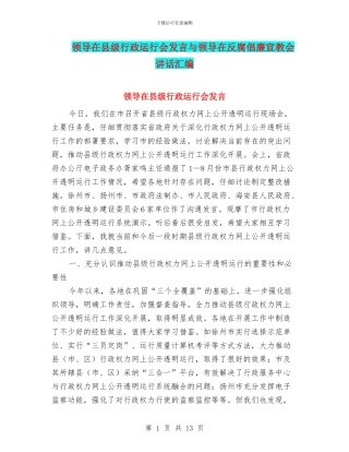 领导在县级行政运行会发言与领导在反腐倡廉宣教会讲话汇编