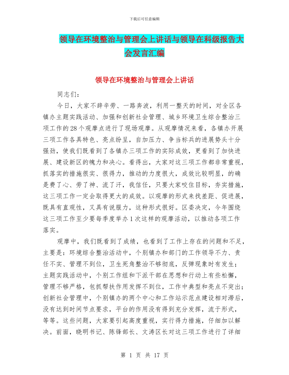 领导在环境整治与管理会上讲话与领导在科级报告大会发言汇编_第1页