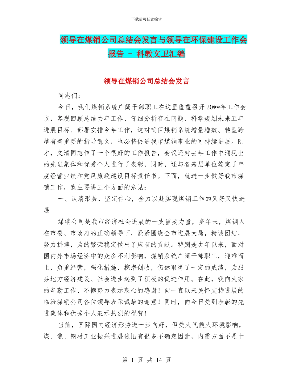 领导在煤销公司总结会发言与领导在环保建设工作会报告_第1页