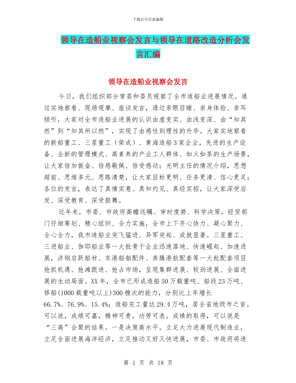 领导在造船业视察会发言与领导在道路改造分析会发言汇编_第1页