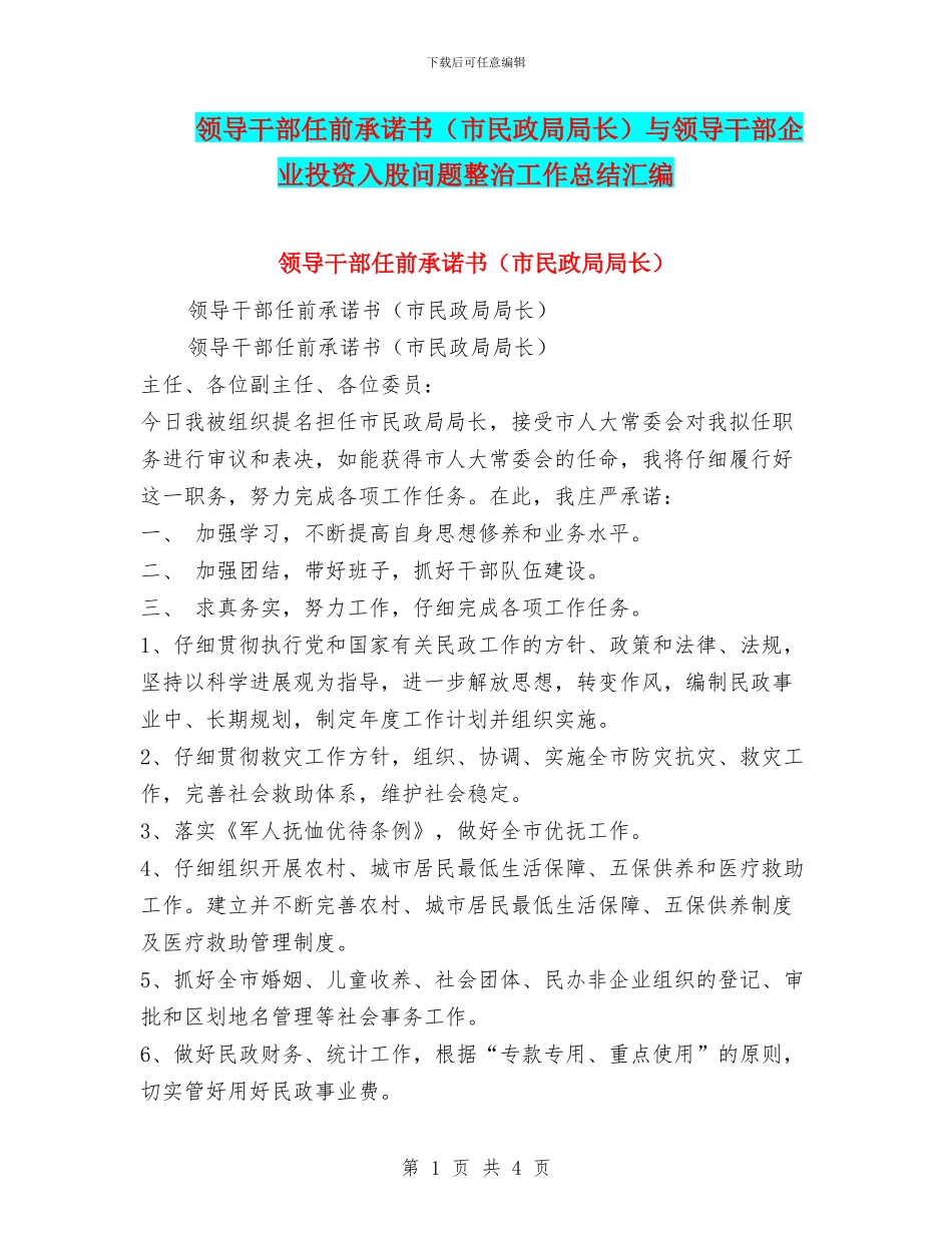 领导干部任前承诺书与领导干部企业投资入股问题整治工作总结汇编_第1页