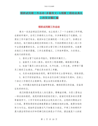 领班试用期工作总结与领雁工程结业典礼上的发言稿汇编