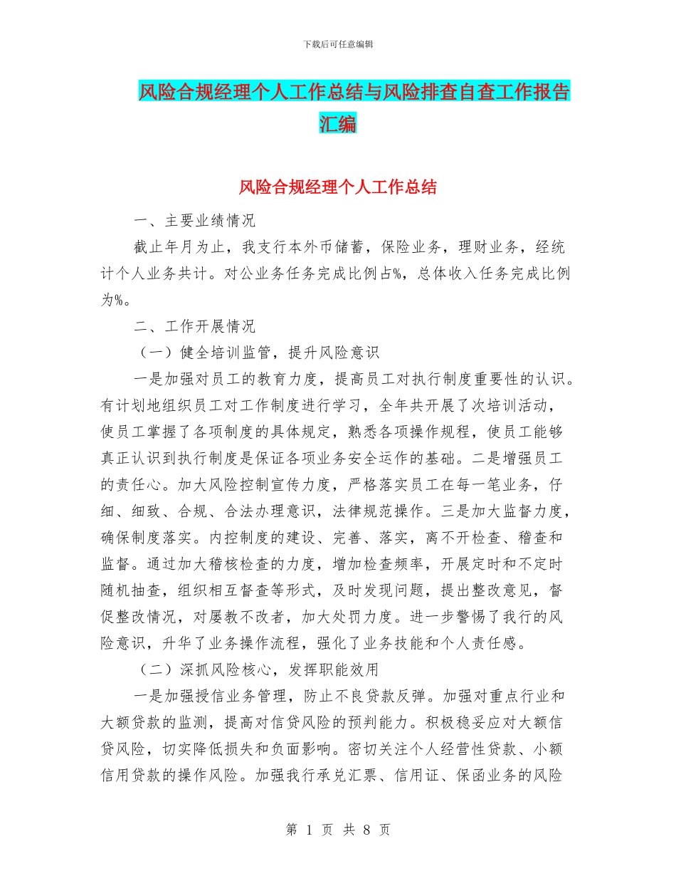 风险合规经理个人工作总结与风险排查自查工作报告汇编_第1页