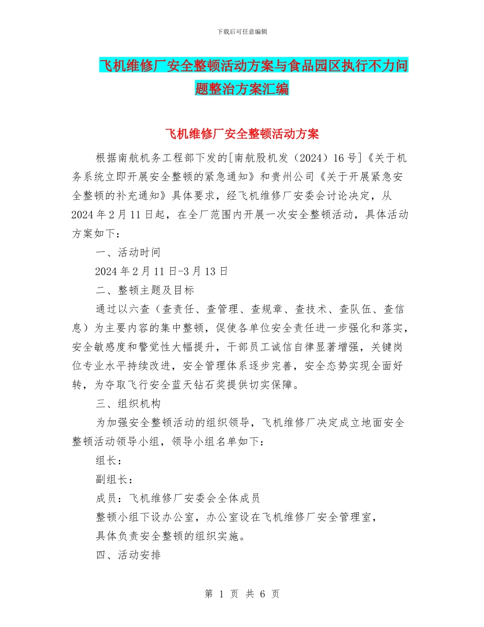 飞机维修厂安全整顿活动方案与食品园区执行不力问题整治方案汇编_第1页
