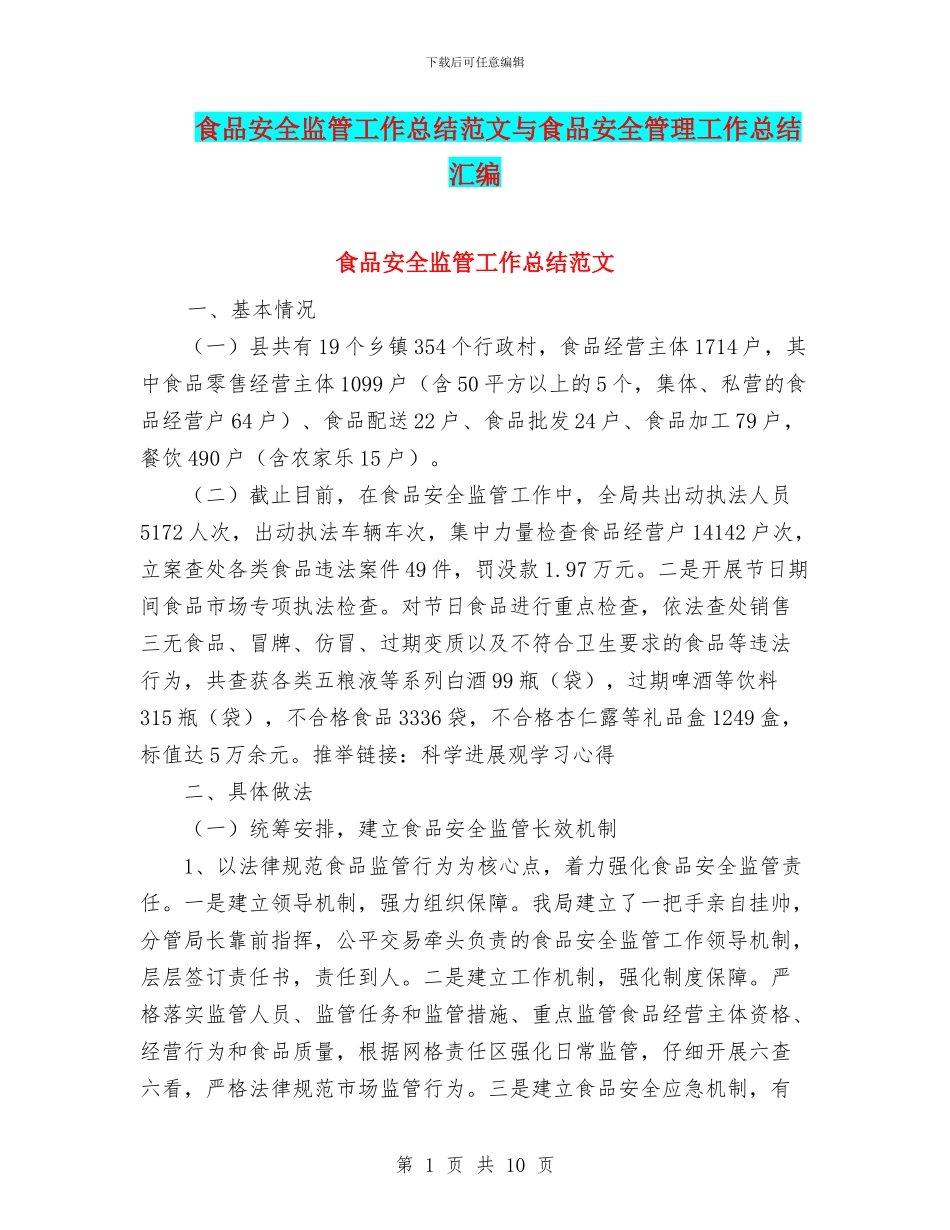 食品安全监管工作总结范文与食品安全管理工作总结汇编_第1页