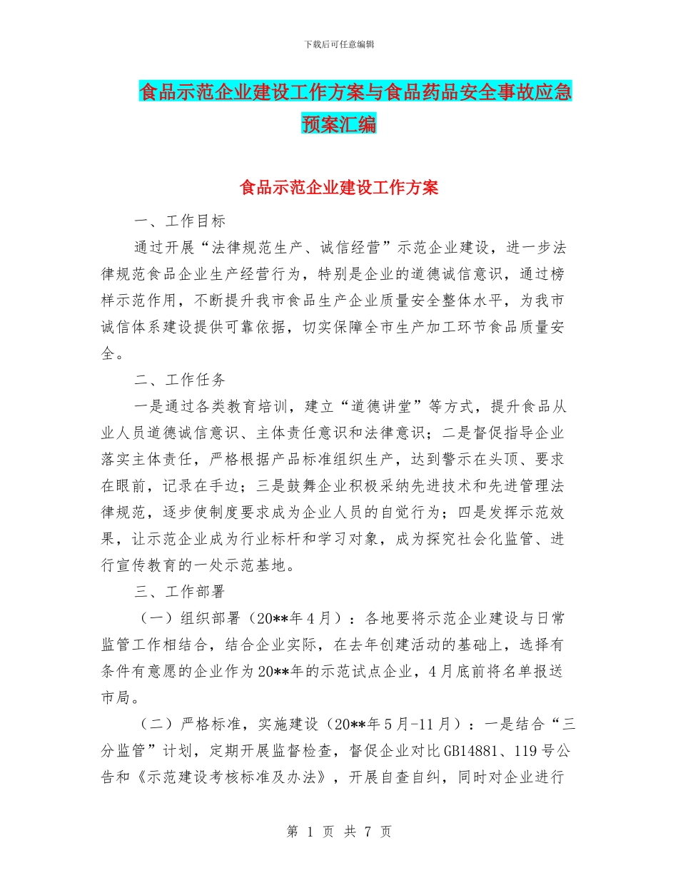 食品示范企业建设工作方案与食品药品安全事故应急预案汇编_第1页