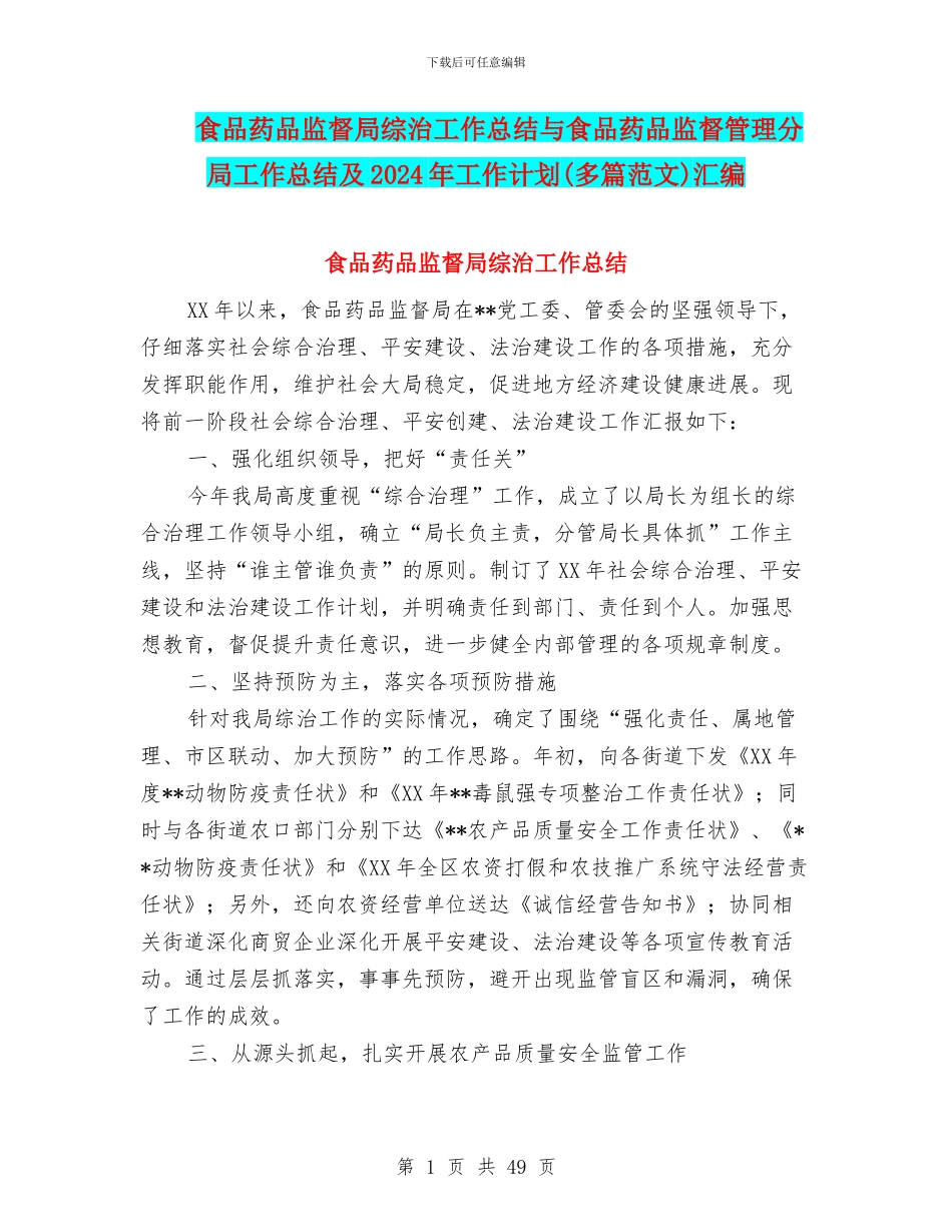 食品药品监督局综治工作总结与食品药品监督管理分局工作总结及2024年工作计划汇编_第1页