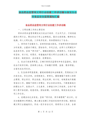 食品药品监管局文明行业创建工作讲话槁与食安办全市食品安全监管通知汇编