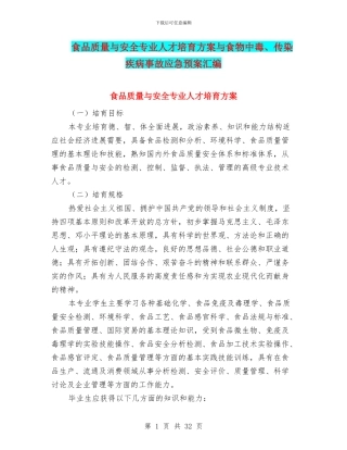 食品质量与安全专业人才培养方案与食物中毒、传染疾病事故应急预案汇编