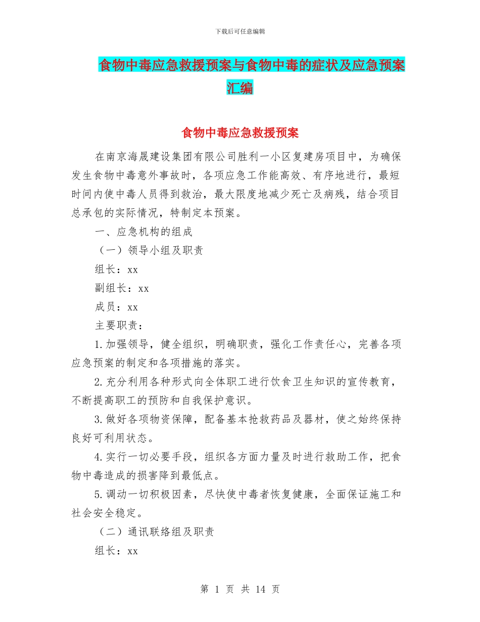 食物中毒应急救援预案与食物中毒的症状及应急预案汇编_第1页
