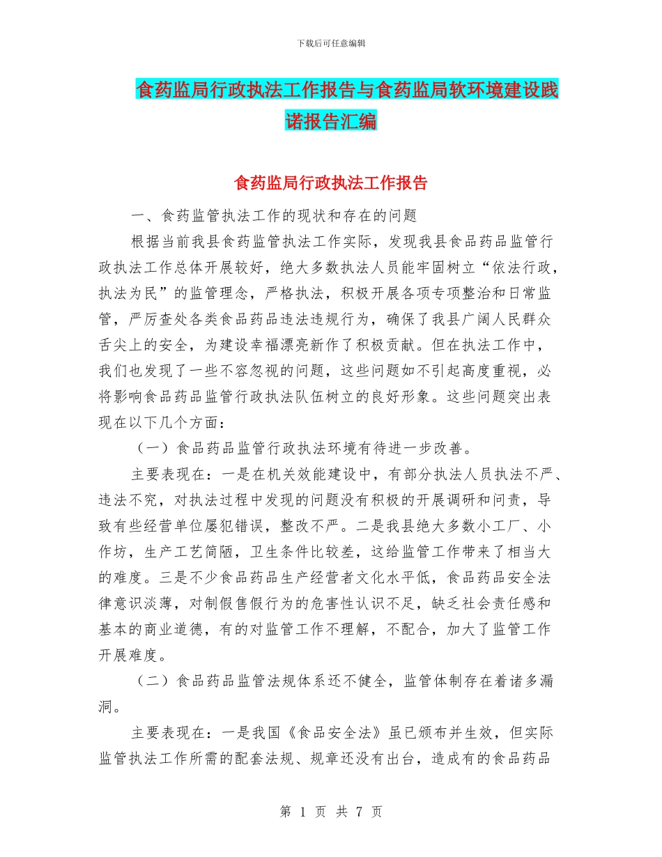 食药监局行政执法工作报告与食药监局软环境建设践诺报告汇编_第1页
