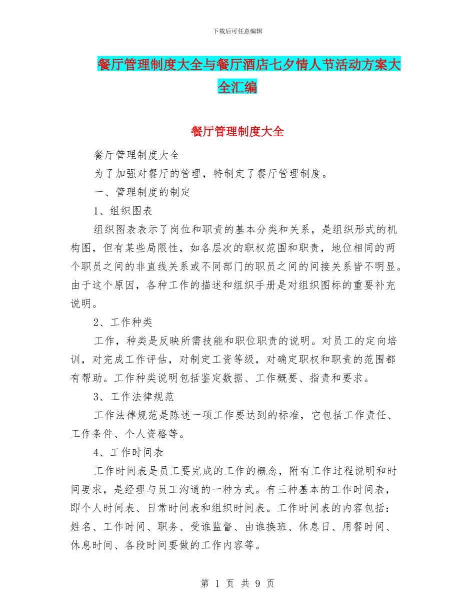 餐厅管理制度大全与餐厅酒店七夕情人节活动方案大全汇编_第1页